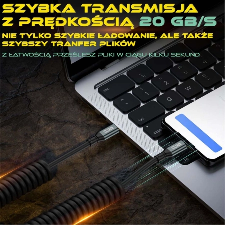 Kabel wtyk USB-C - wtyk USB-C kątowy 180 stopni przewód sprężynka PREMIUM 50 - 150 cm by Shudder-107194