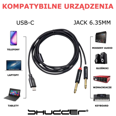 Kabel wtyk USB-C - wtyk Jack 6.3mm L+R  stereo 1m Shudder PREMIUM USB - C - 2x duży Jack 6.3mm-107467