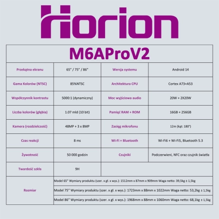 Monitor interaktywny Horion 86M6AProV2 Android 14, EDLA, AI, Dual-WIFI, 16GB+256GB Quad Camera-109239